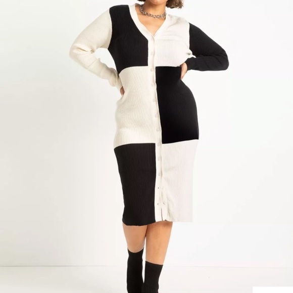 Colorblock Sweater Cardigan Dress Black/Eggnog - Picture 1 of 7